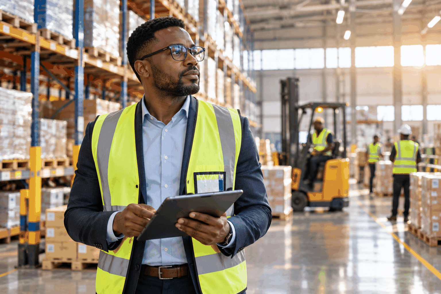 Warehouse Manager Inspecting Physical Inventory and Logistics
